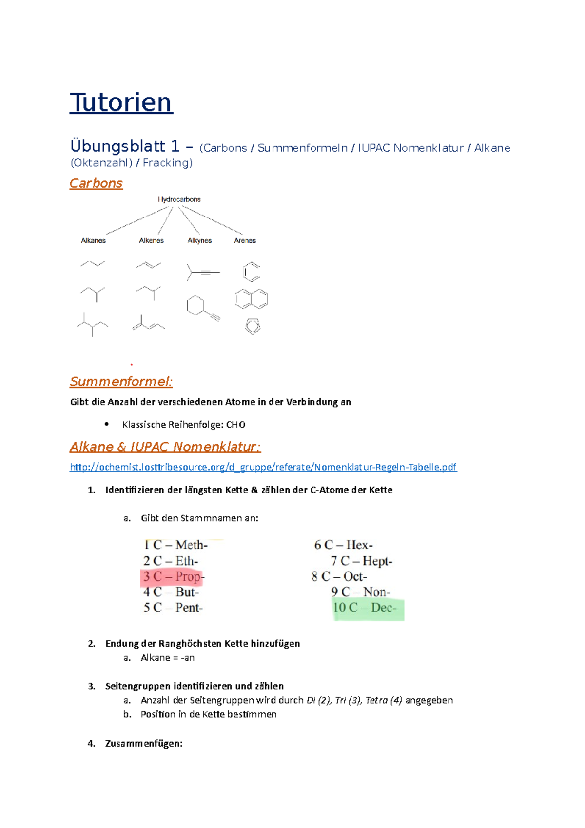 Organische Chemie Vollständige Zusammenfassung - Tutorien Übungsblatt 1 ...