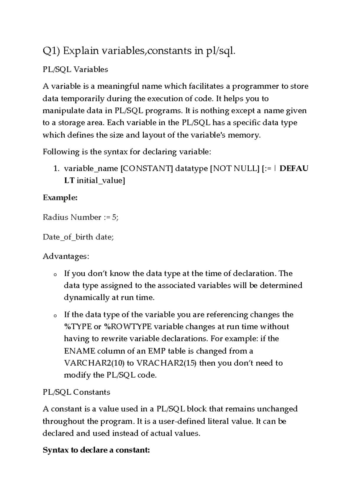 Adbms - ccc - Q1) Explain variables,constants in pl/sql. PL/SQL ...