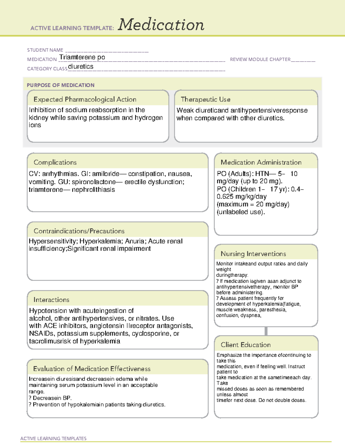 Triamterene - n/a - ACTIVE LEARNING TEMPLATES Medication STUDENT NAME ...