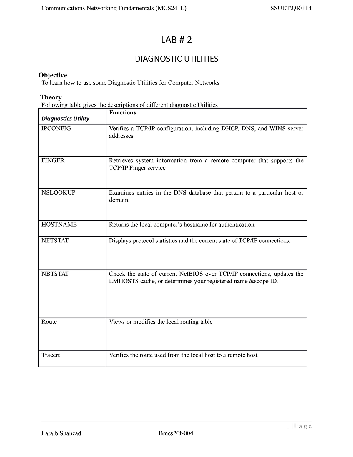 LAB 02 Cnf Solved - LAB # 2 DIAGNOSTIC UTILITIES Objective To Learn How ...