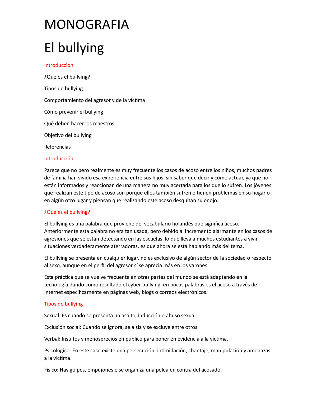 Monografia Nota Monografia El Bullying Introducci N Qu Es El Bullying Tipos De