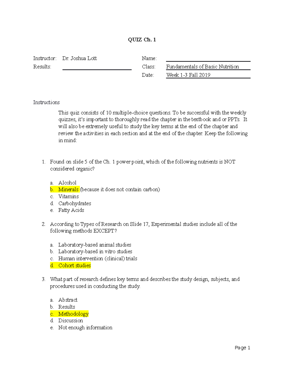 NUT Fall 2019 Quiz Ch. 1 - Quiz 1 covered chapter one with questions ...