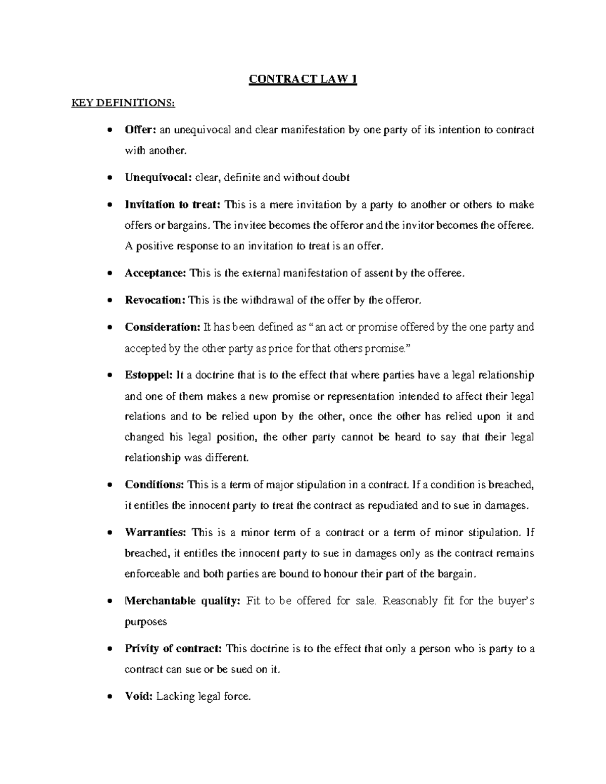 Contract Law 1 Notes 2021 Class 1 Contract Law 1 Key Definitions Offer An Unequivocal And Contract Law 1 Notes 2021 Class 1 Contract Law 1 Key Definitions Offer An Unequivocal And