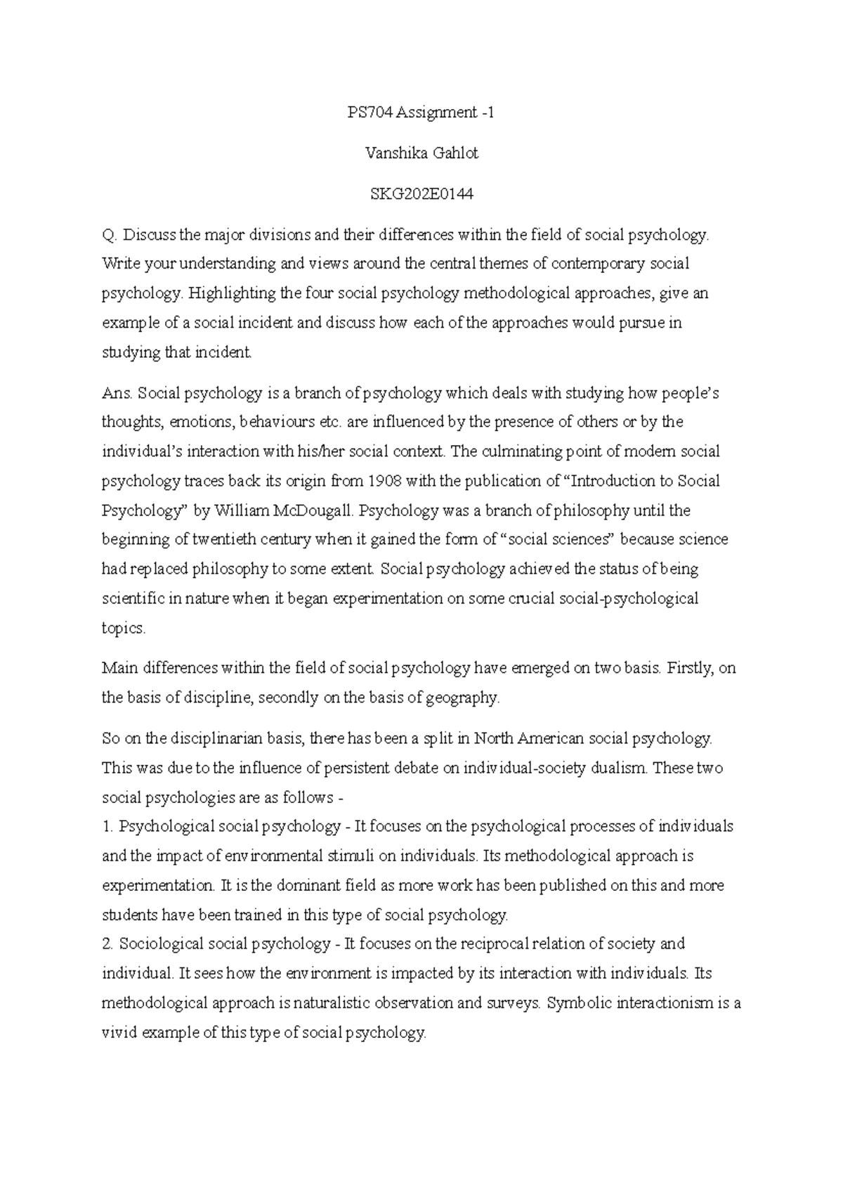 Social Psychology - PS704 Assignment - Vanshika Gahlot SKG202E Q ...