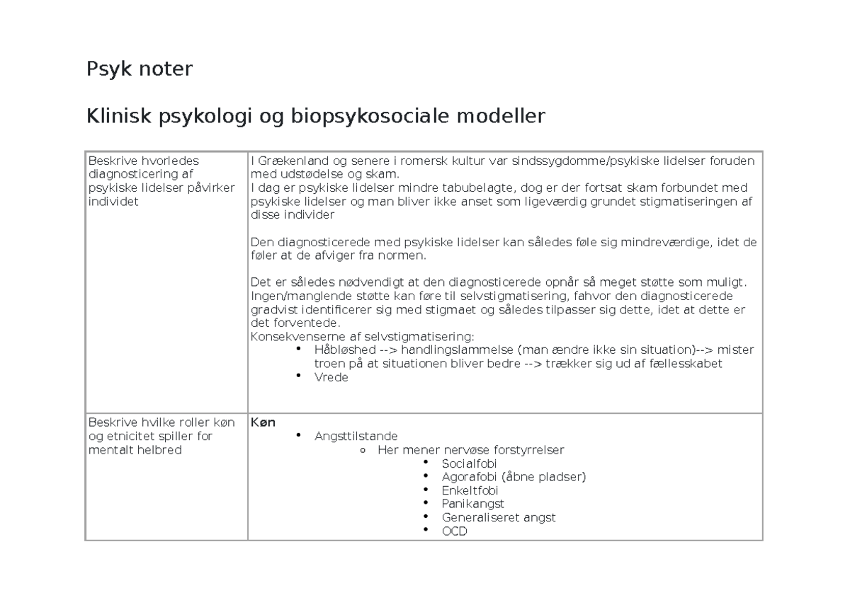 Psyk Noter - Psyk Noter Klinisk Psykologi Og Biopsykosociale Modeller ...