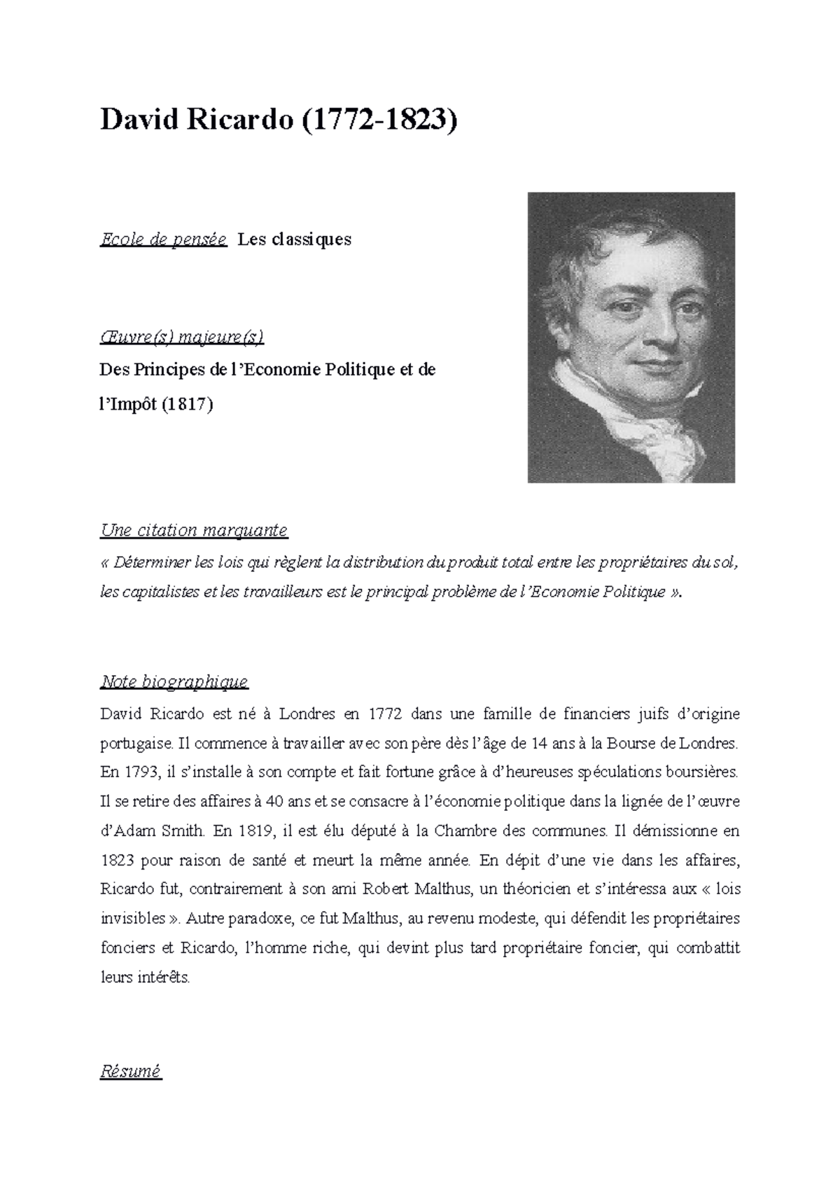 David Ricardo - Description - Histoire - U-Bordeaux - Studocu