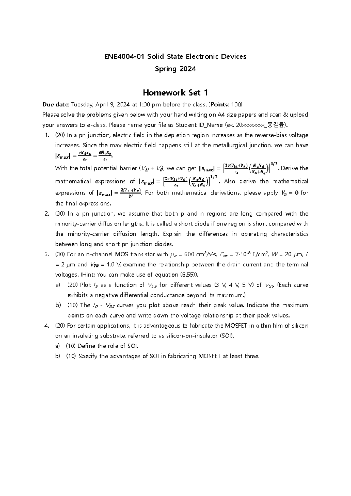 Homework 1 SSED 01 - 숙제임 - ENE4004-01 Solid State Electronic Devices ...