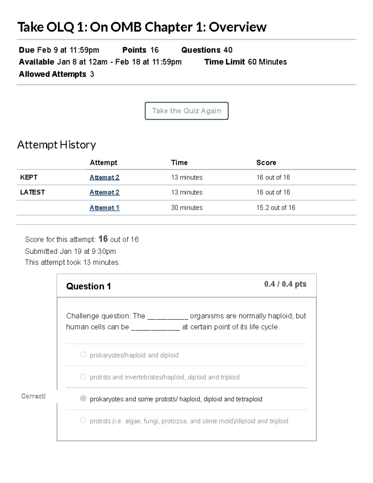 Molecular BIO OMB ch 1 MCI 1 OLQ 1 - Take OLQ 1: On OMB Chapter 1 ...