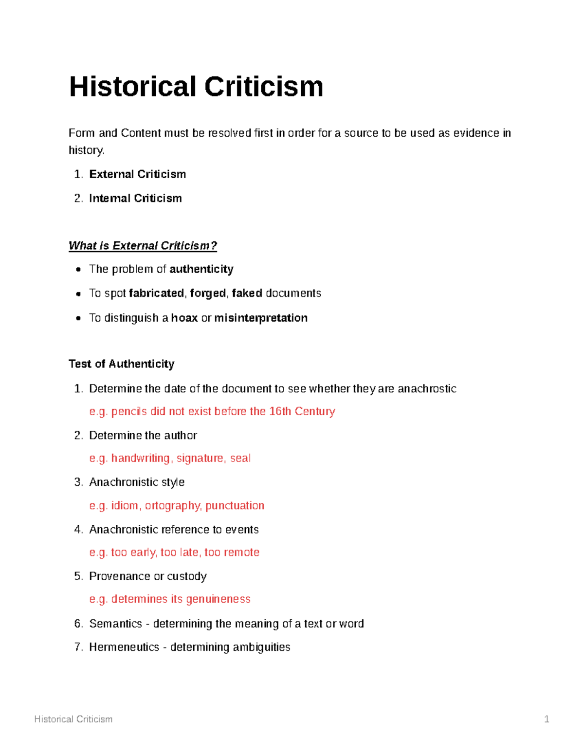 Historical Criticism Lecture notes 2 Historical Criticism 1