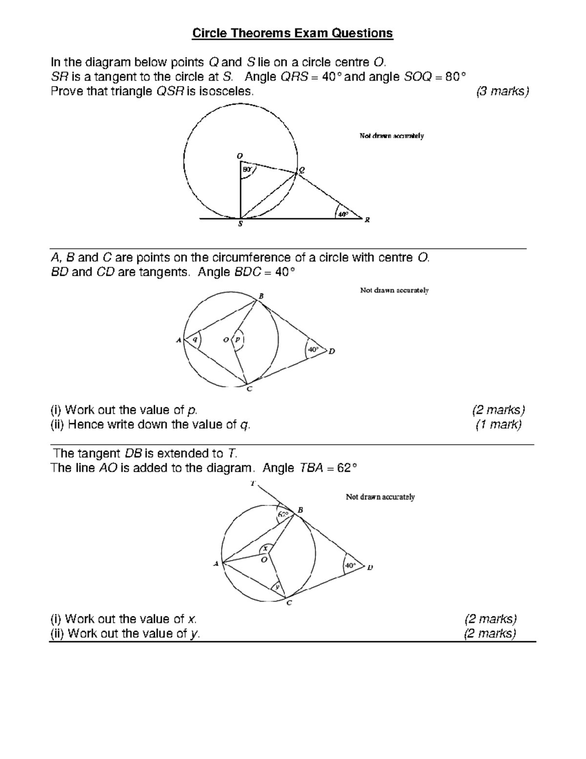 Circle theorems 2 - N/A - Circle Theorems Exam Questions In the diagram ...