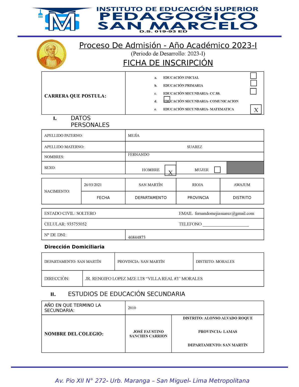 Ficha DE Inscripción 2023-I - Proceso De Admisión - Año Académico 2023 ...