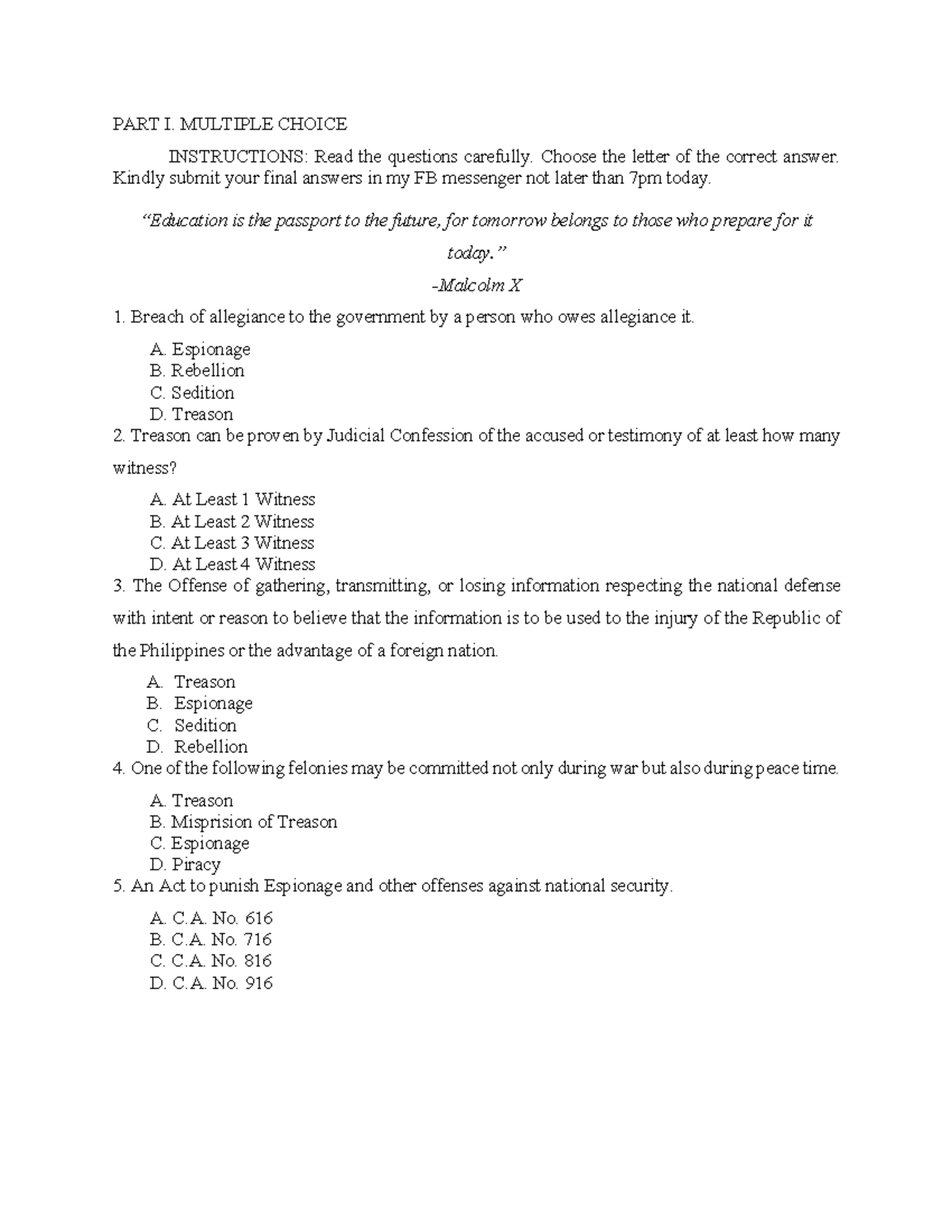 Criminal LAW 2 QUIZ - Quiz - PART I. MULTIPLE CHOICE INSTRUCTIONS: Read ...