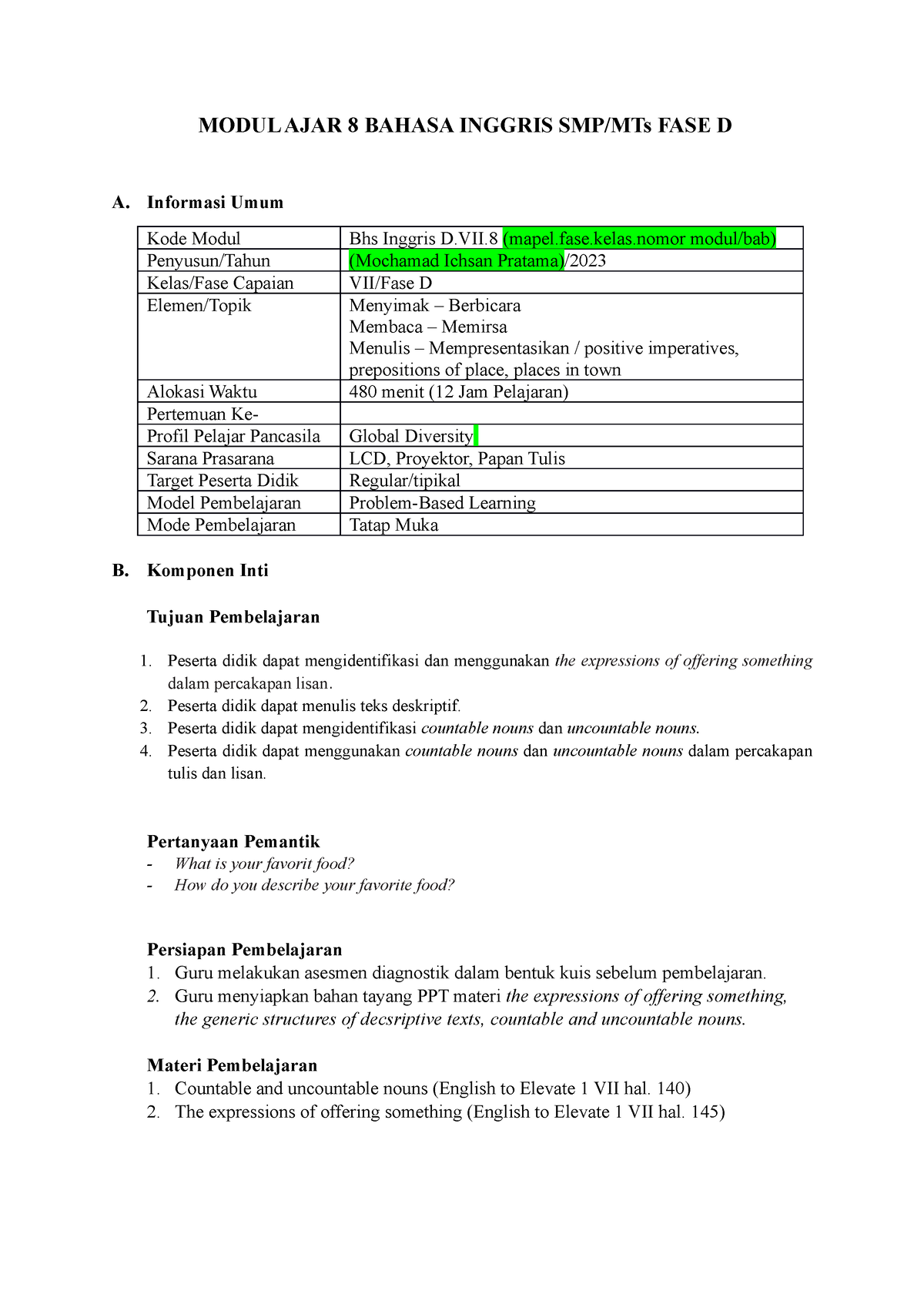 Modul AJAR B- Inggris BAB 8 SMP Grade VII - MODUL AJAR 8 BAHASA INGGRIS ...