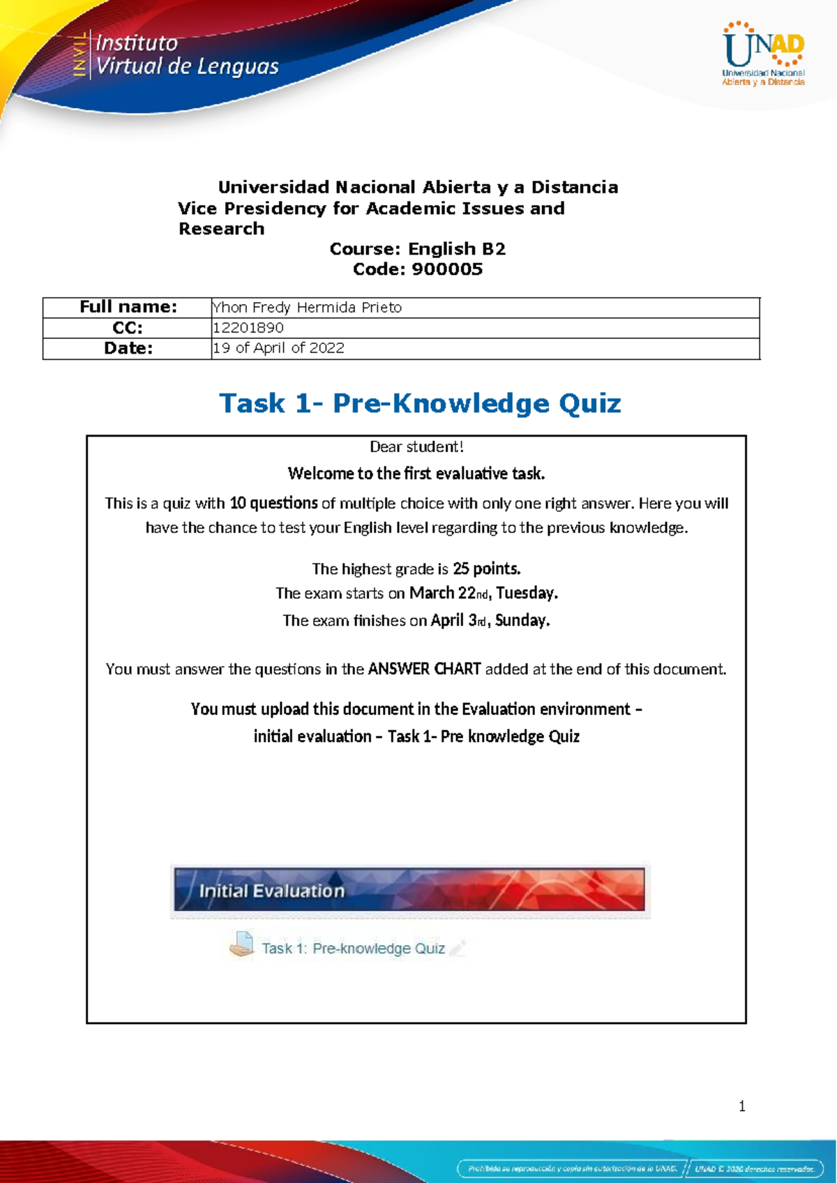 Task 1- Pre-Knowledge Quiz b2 - Universidad Nacional Abierta y a ...