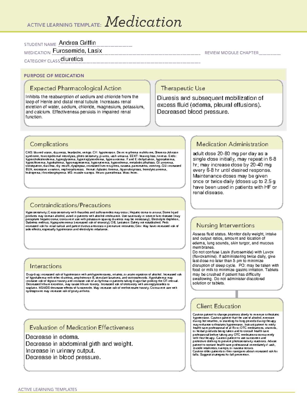 Furosemide - med sheet - ACTIVE LEARNING TEMPLATES Medication STUDENT ...