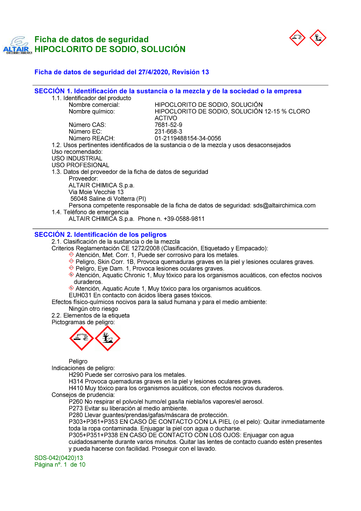 Sodio Ipoclorito » Altair Chimica