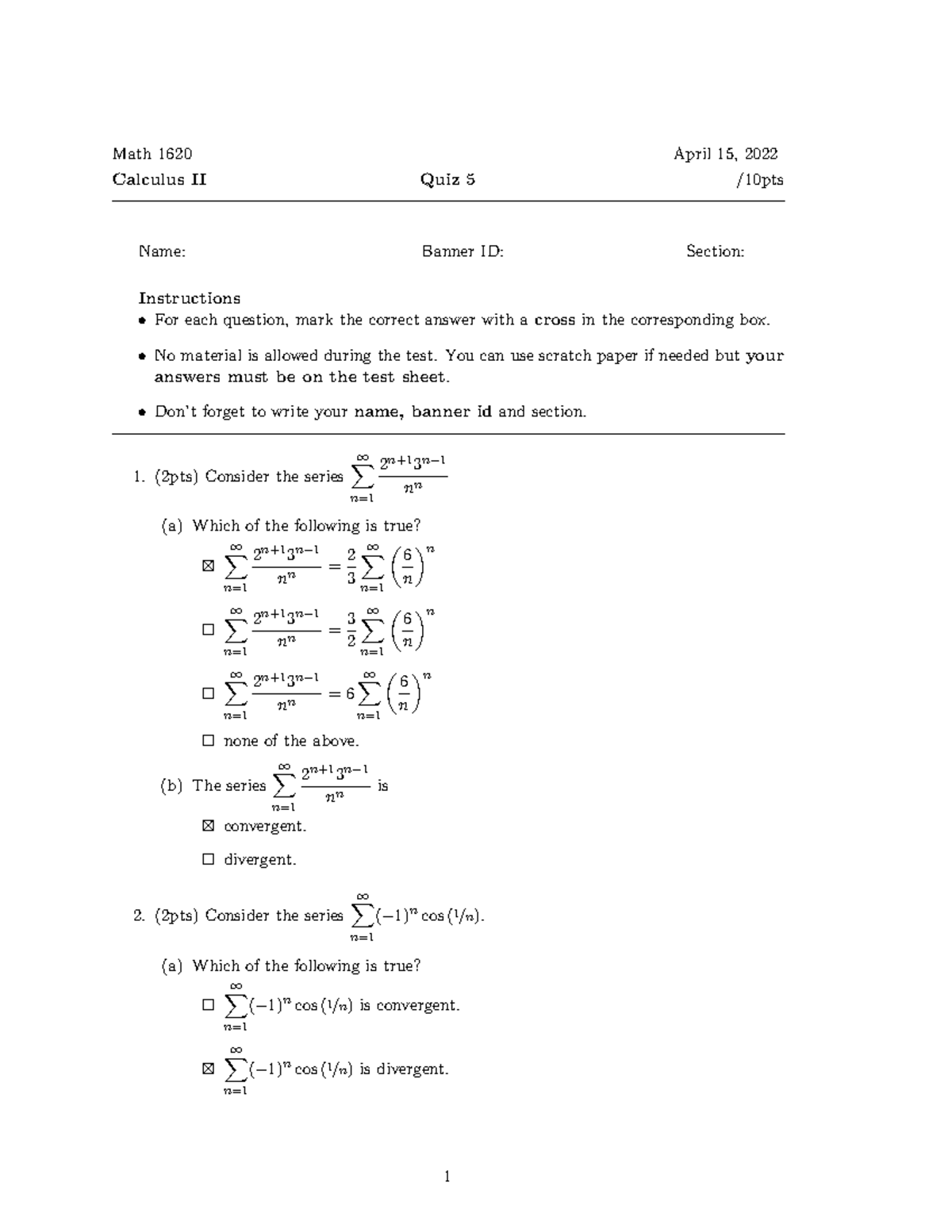 Quiz 5 - solution - Dr. Mucoyo Karemara - Math 1620 Calculus II Quiz 5 ...