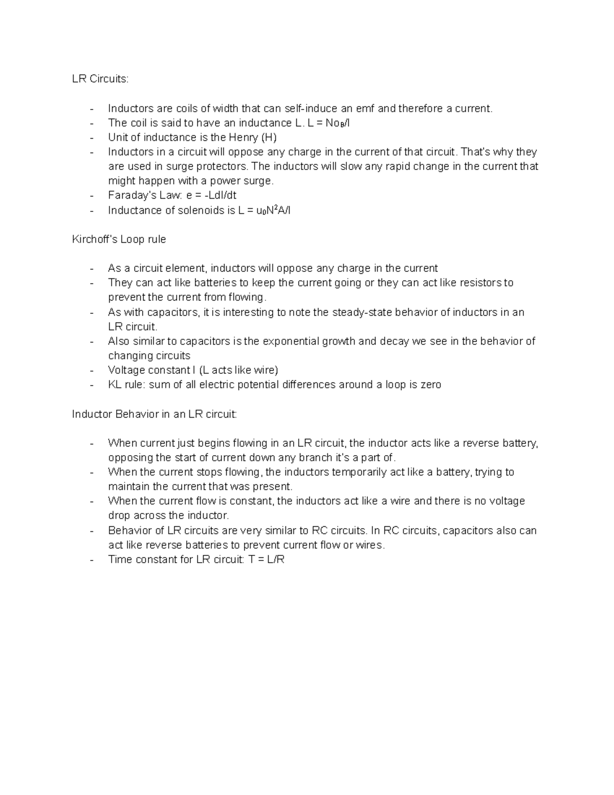 5.2 Video Notes LR Circuits, Kirchoff's Loop Rule, Inductor Behavior