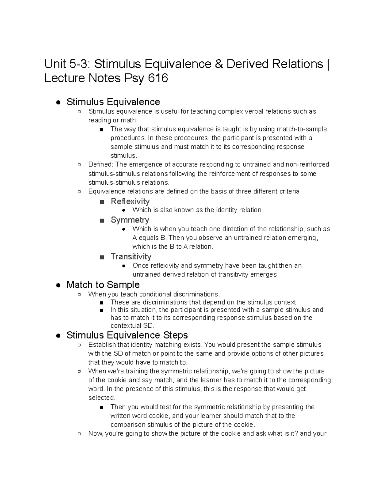 Unit 5-3 Stimulus Equivalence and Derived Relations Lecture Notes Psy ...
