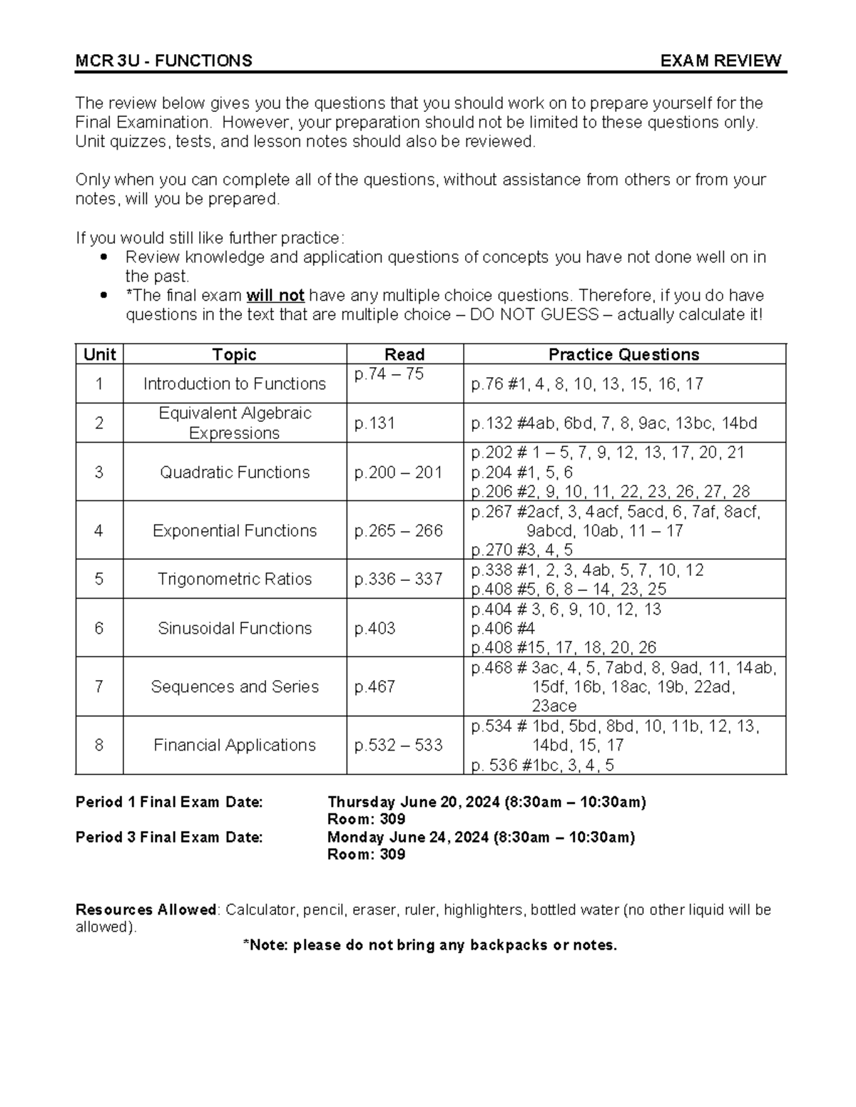 MCR3U Exam Review June 2024 - MCR 3U - FUNCTIONS EXAM REVIEW The Review ...