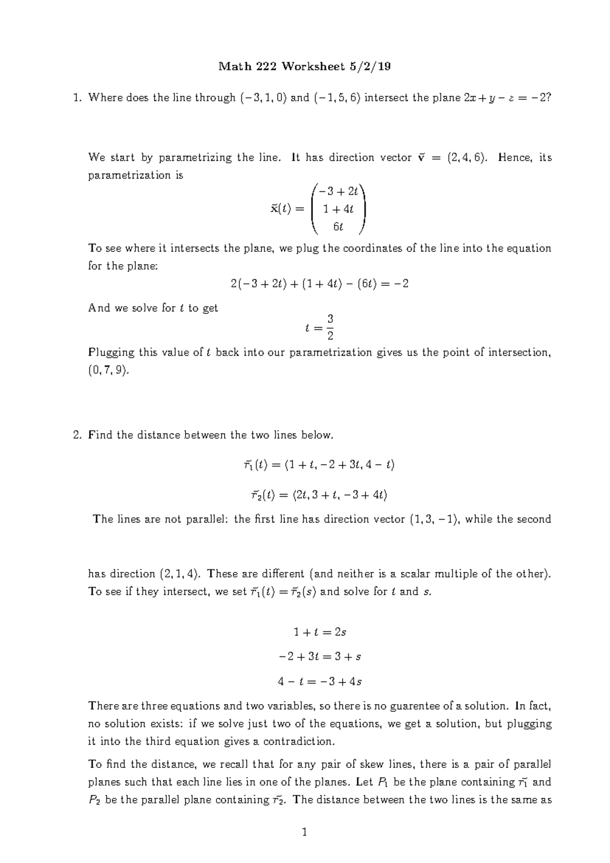222 Spring 2019 Worksheet 28 Solutions - Math 222 Worksheet 5/2/ Where ...