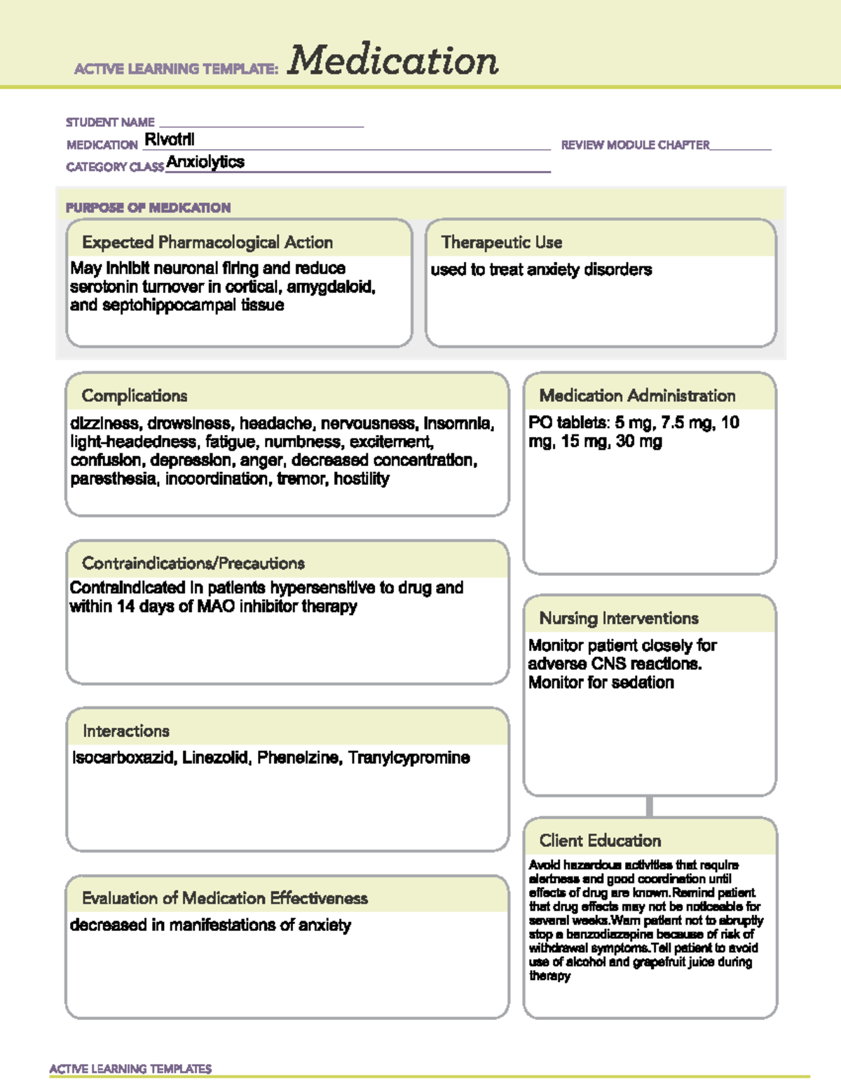 Rivotril - Anti anxiety treatment lecture notes - NURSE 252 - Studocu