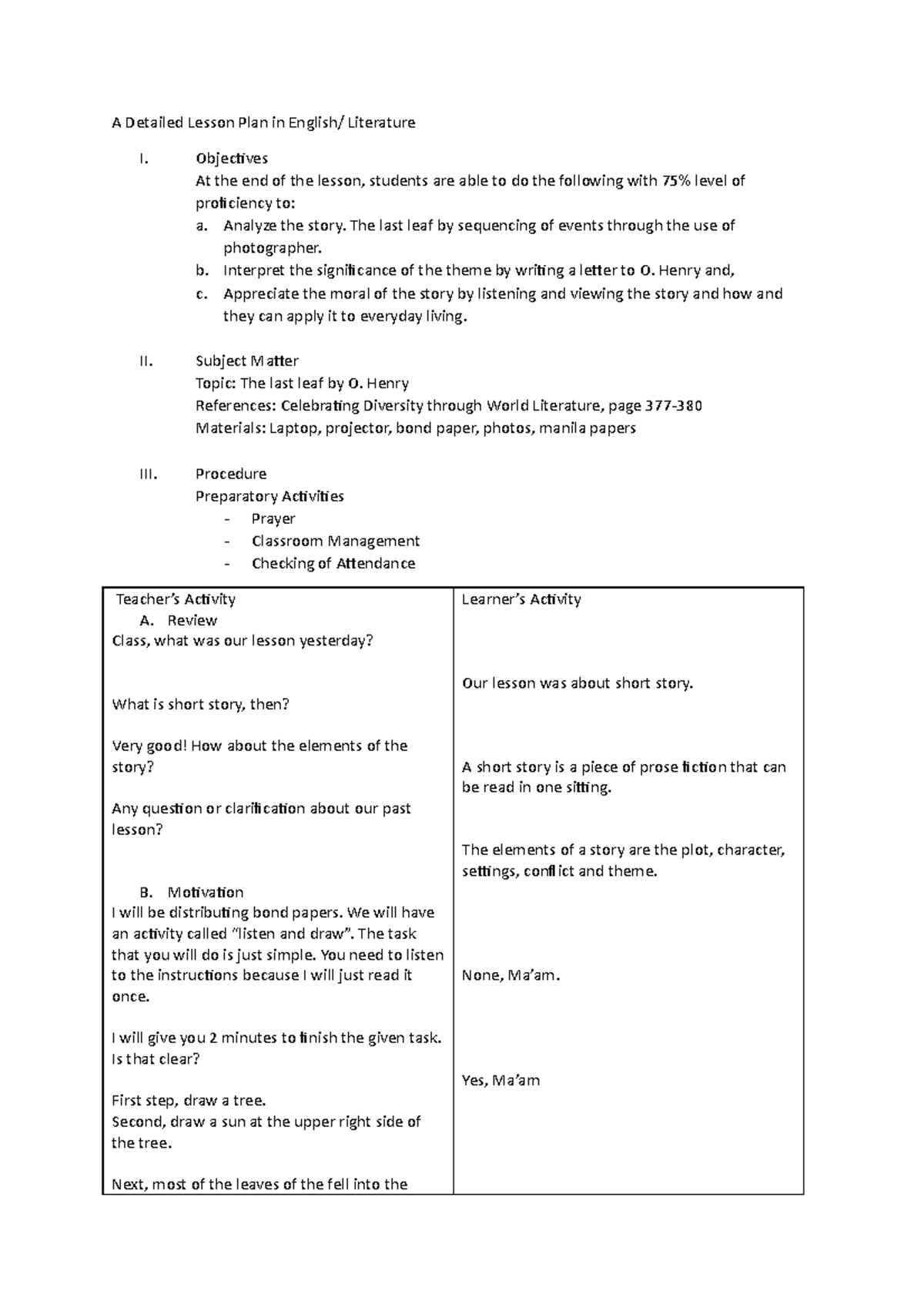 A Detailed Lesson Plan In English Grade 10 A Detailed Lesson Plan In English Literature I 4783