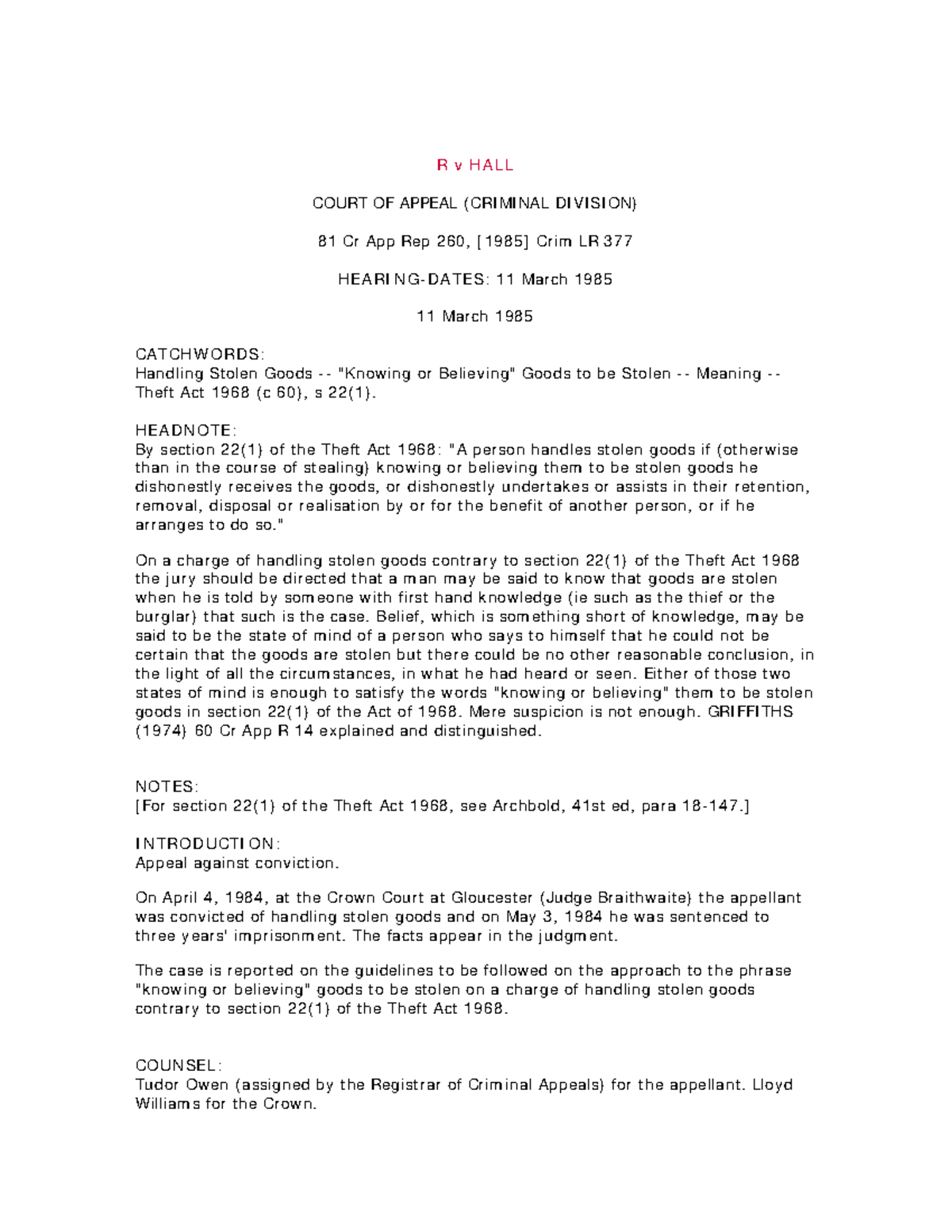 R v HALL Case law R v HALL COURT OF APPEAL (CRIMINAL DIVISION) 81