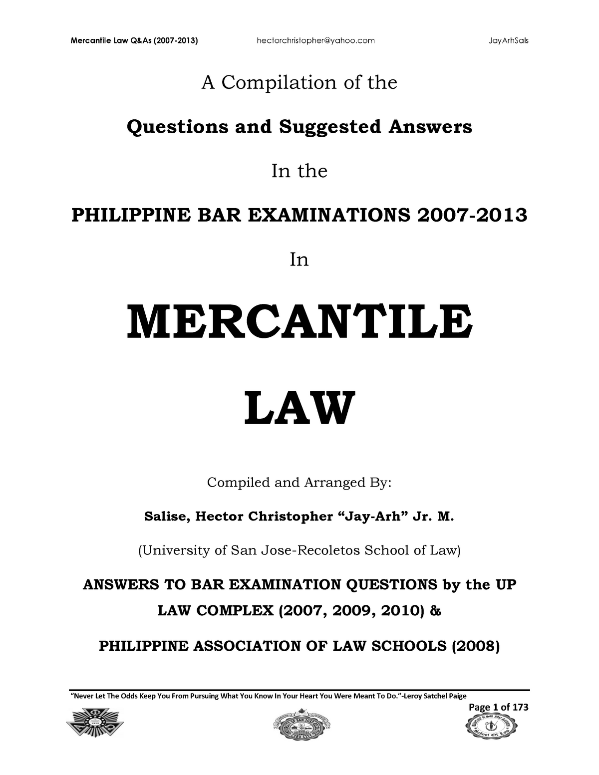 Bar Exam Questions and Suggested Answers 2007 2013 Mercantile Law - ͞Neǀer  Let The Odds Keep You - Studocu