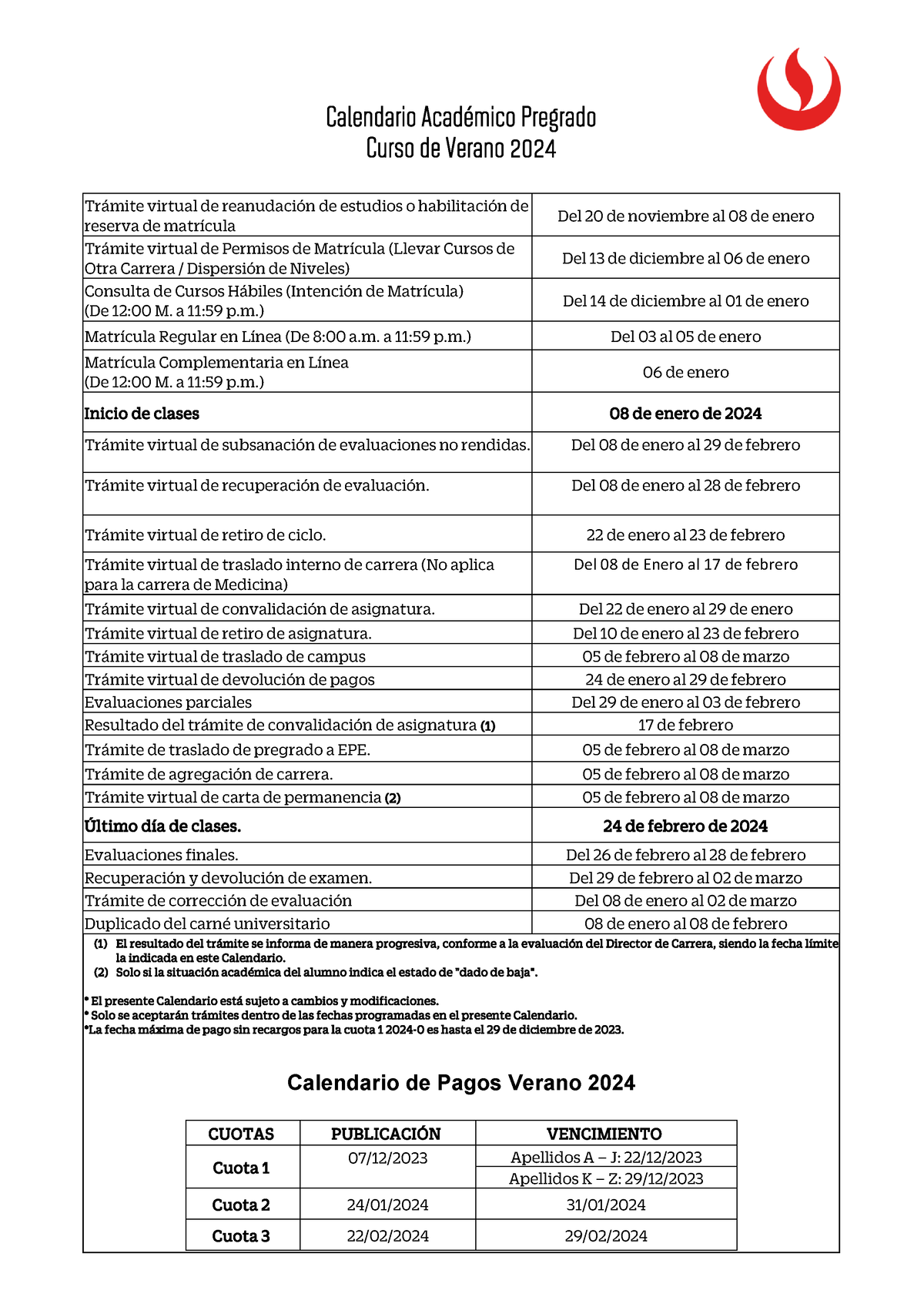 Calendario Académico AC 20240 Calendario Académico Pregrado Curso de