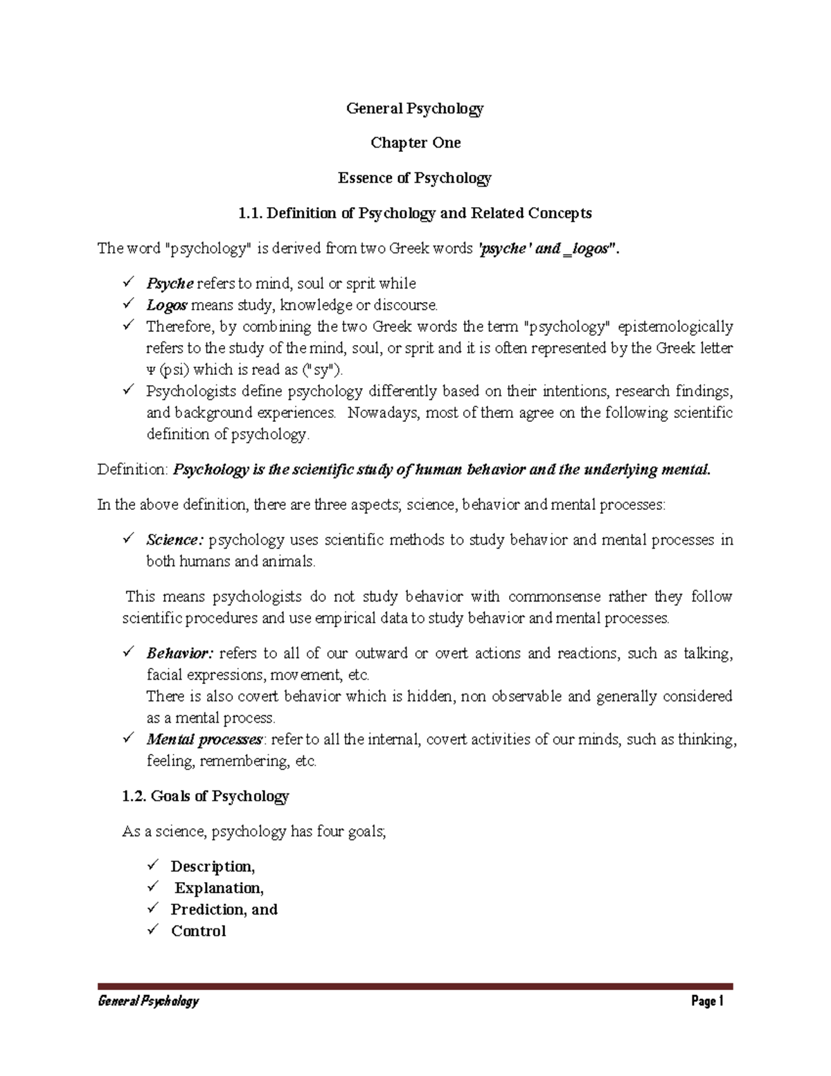 Brief note (2 5555) - notes - General Psychology Chapter One Essence of ...