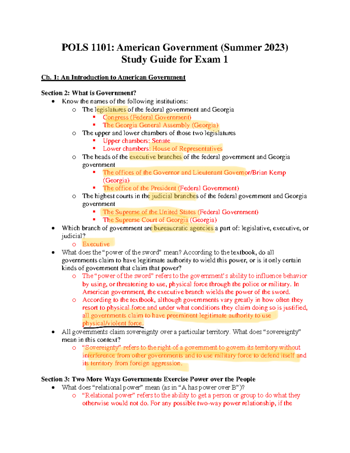 Exam 1 Study Guide SU23 - POLS 1101: American Government (Summer 2023 ...