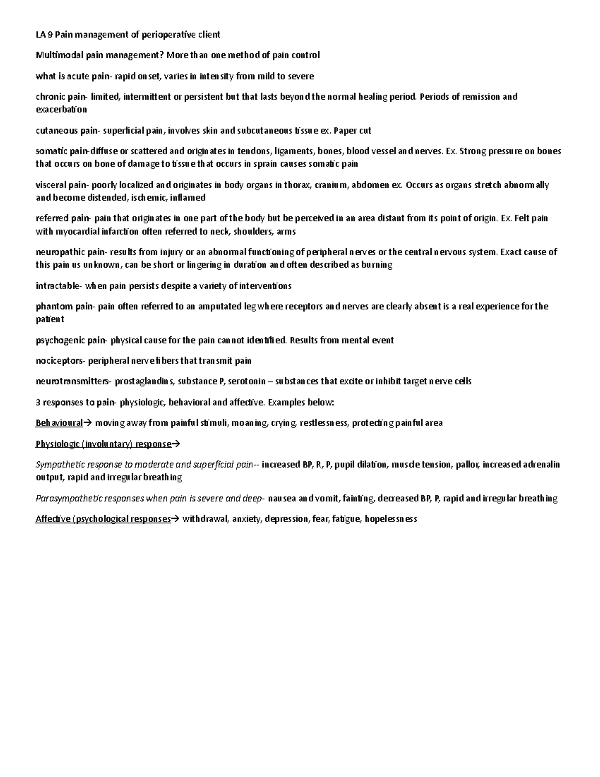 Integrated practice LA 9 pain management of perioperative client - LA 9 ...