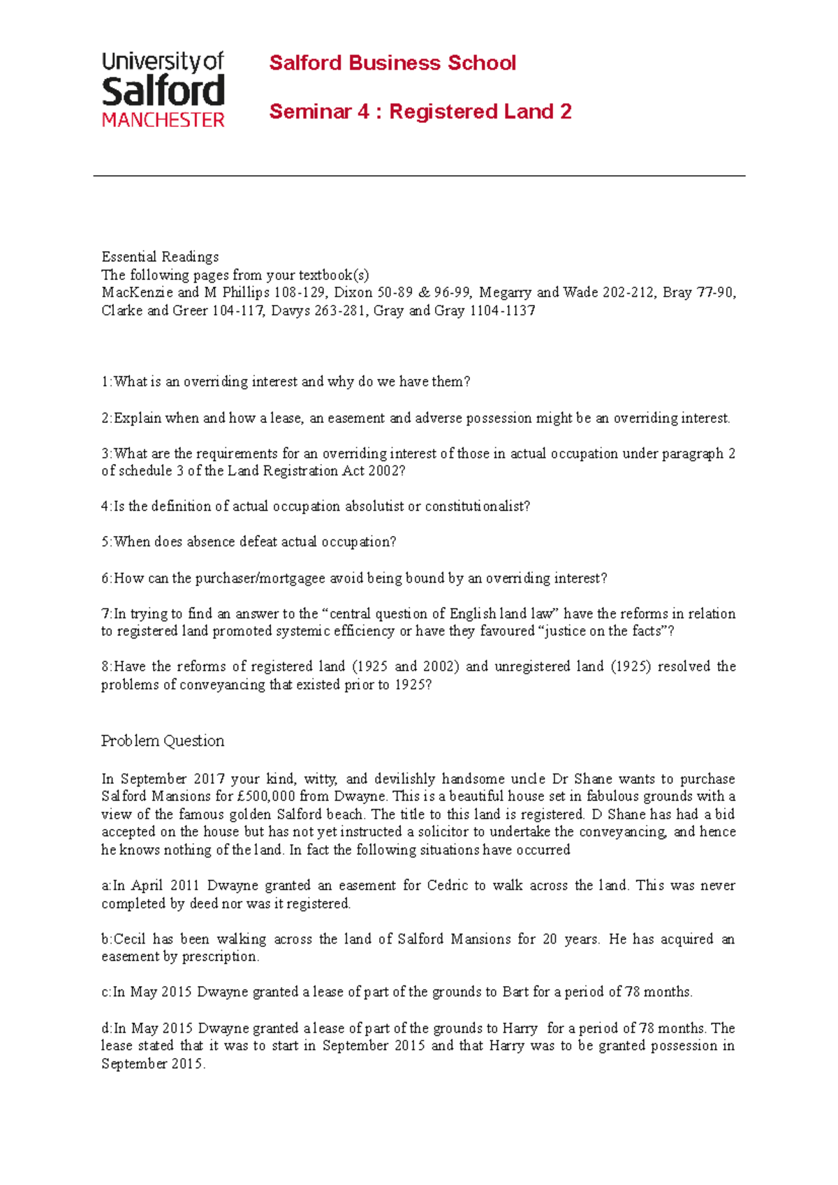 Seminar 4 Registered Land Salford Business School Seminar 4