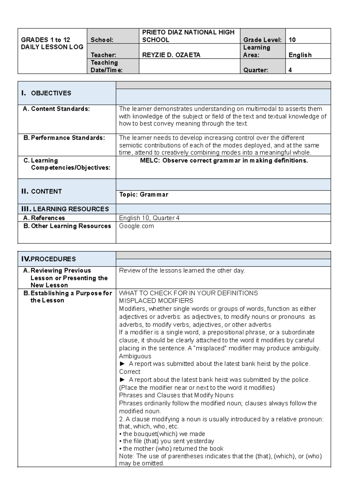 COT4- Lesson Plan - GRADES 1 to 12 DAILY LESSON LOG School: PRIETO DIAZ ...