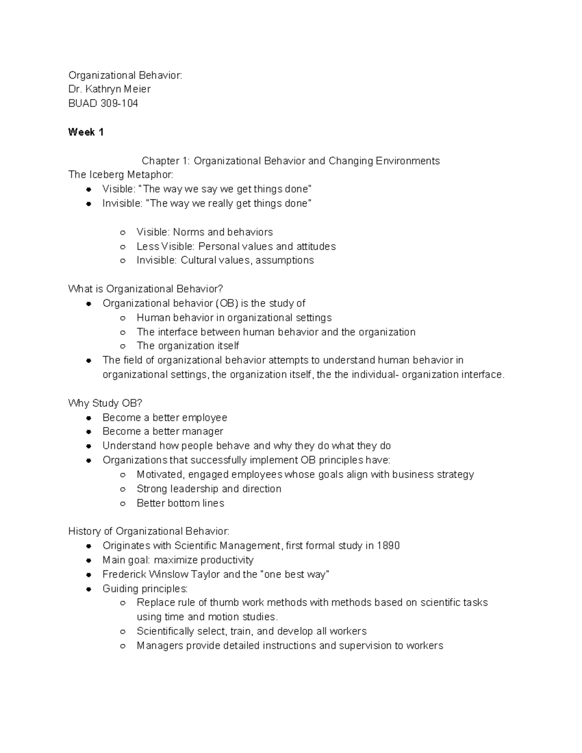 Organizational Behavior - Kathryn Meier BUAD 309- Week 1 Chapter 1 ...