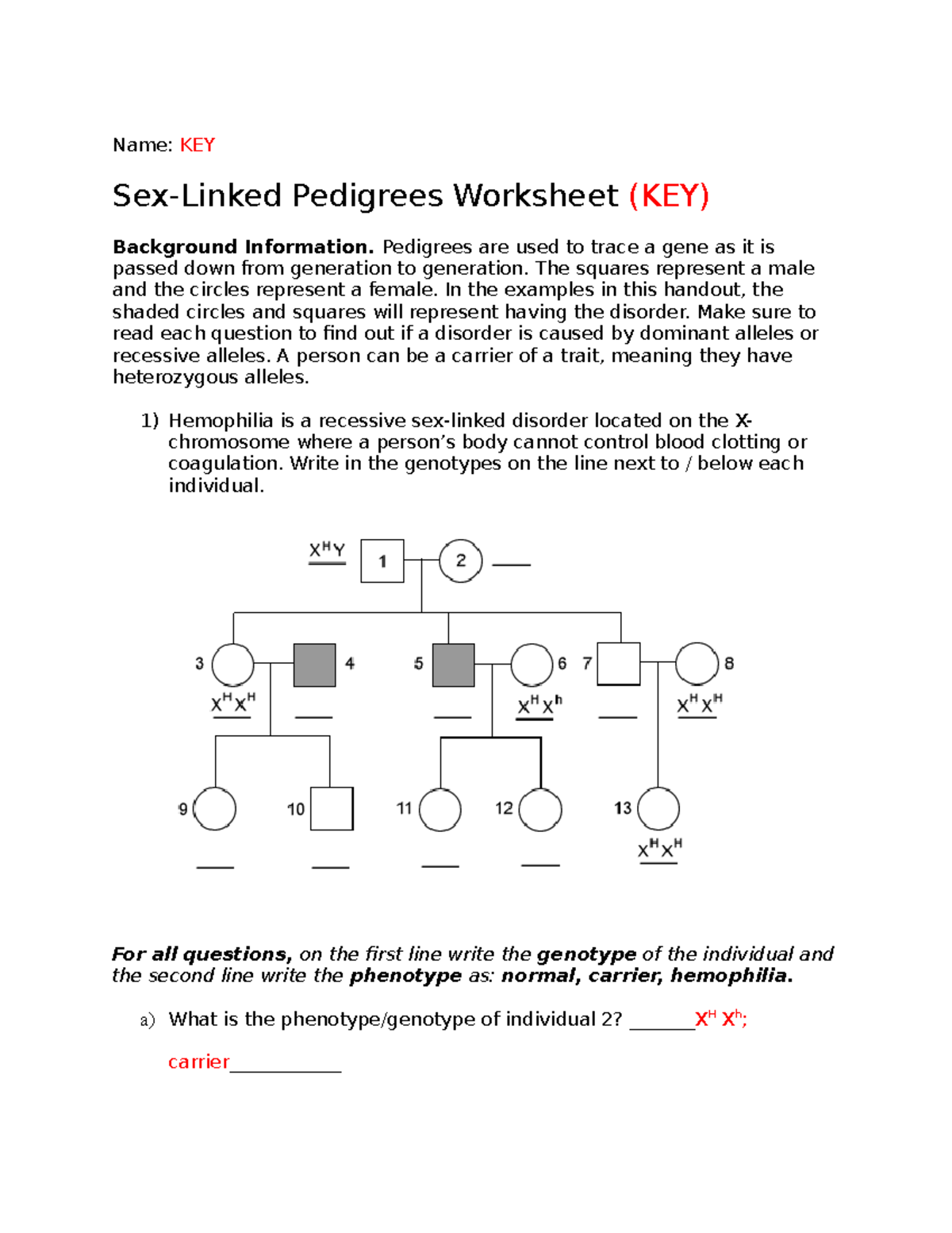 4 13 Sex Link Pedigrees Name Key Sex Linked Pedigrees Worksheet Key Background Information 5592