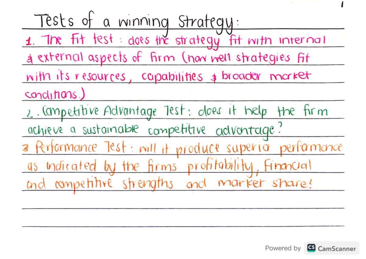 OBS 310 key cards - Tests of a winning Strategy: 1. The Fit test : does ...