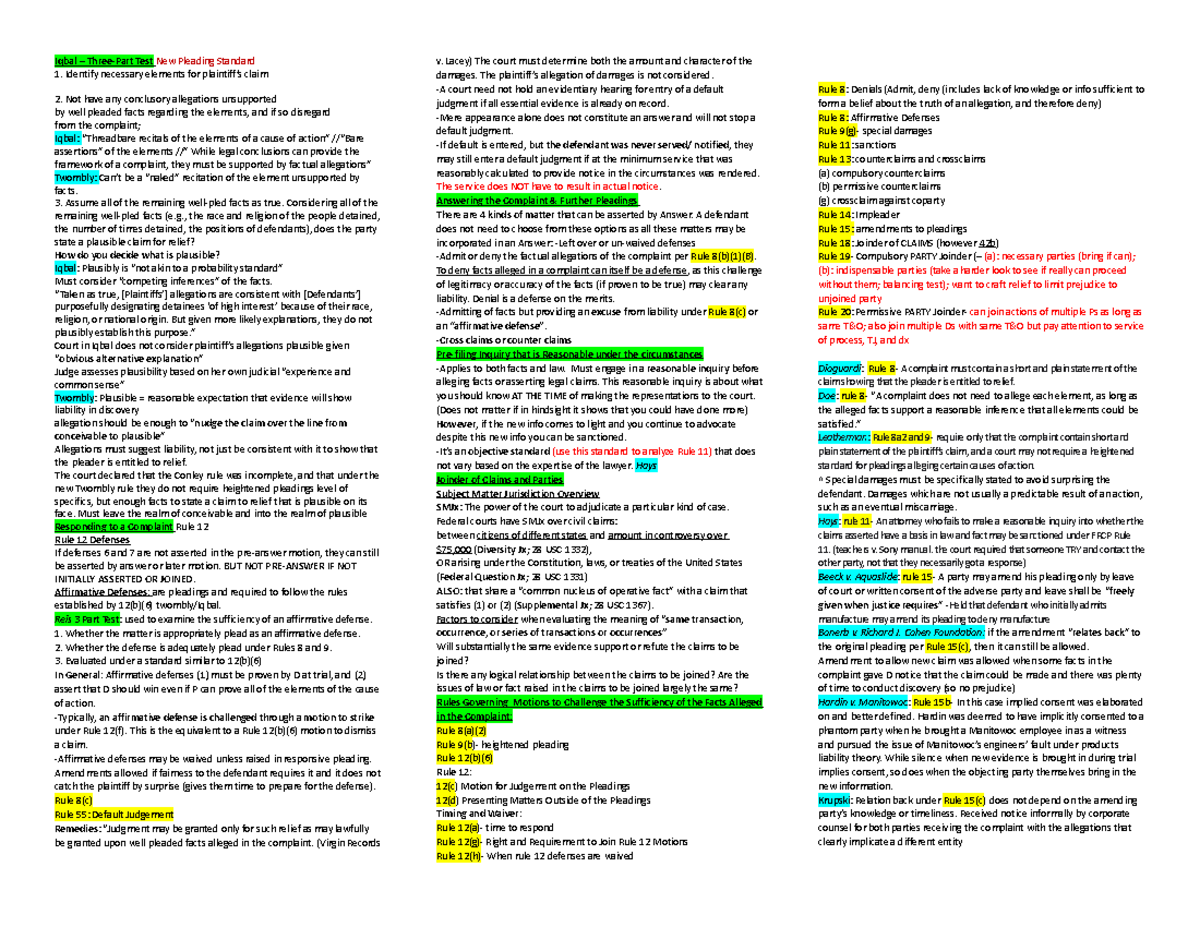 Midterm Notes - Iqbal – Three-Part Test New Pleading Standard Identify ...