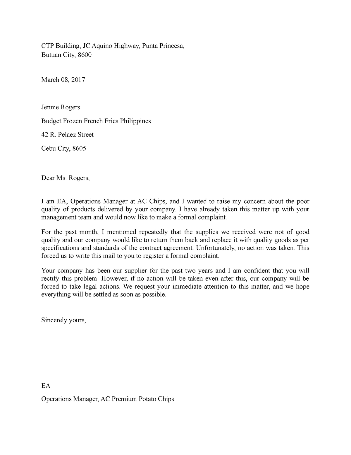 Business Letter - CTP Building, JC Aquino Highway, Punta Princesa ...