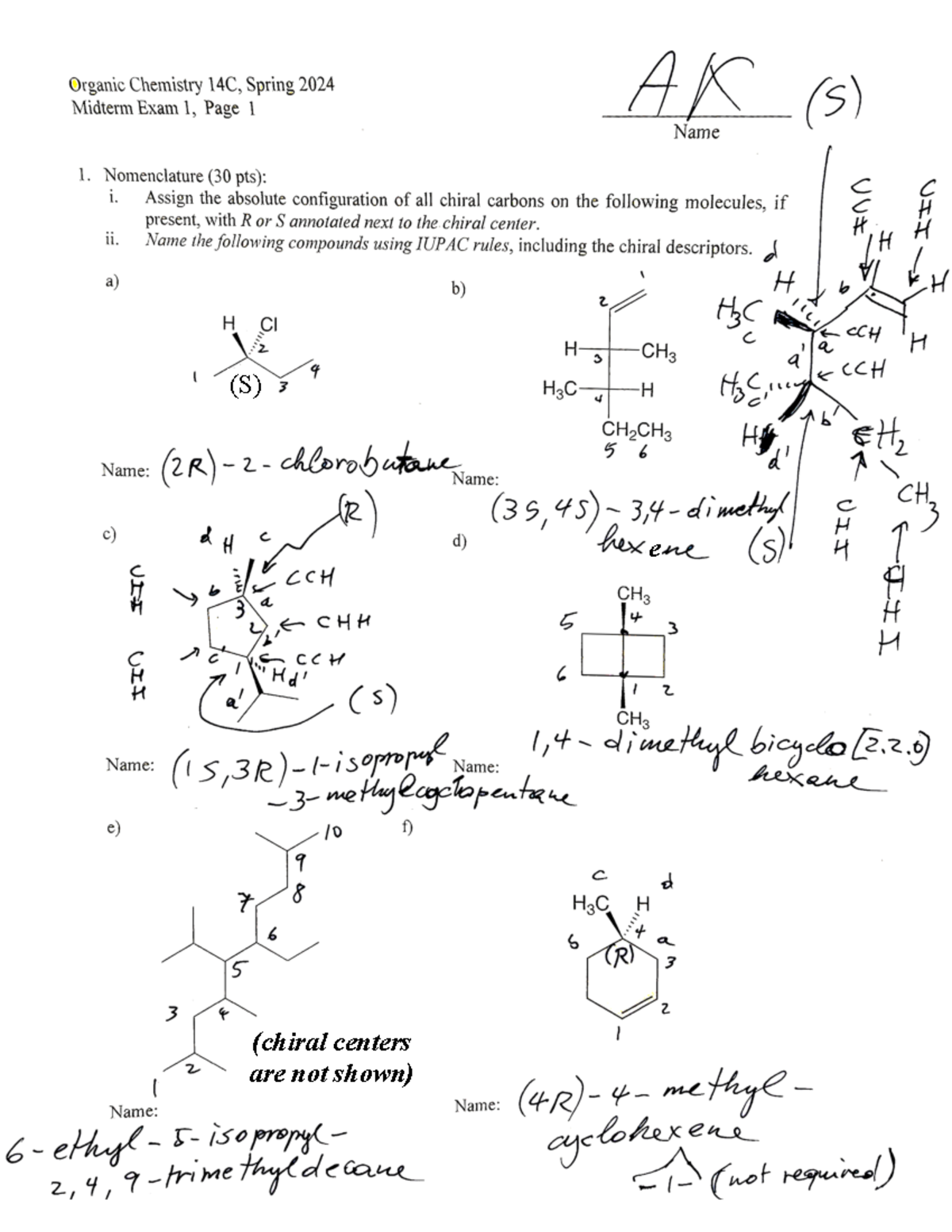 14C - 2024 Midterm Exam 1 Answer Key - CHEM 001B - (S) e (chiral ...