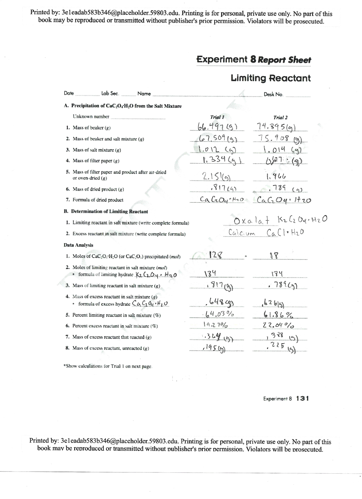 experiment 8 limiting reactant prelab