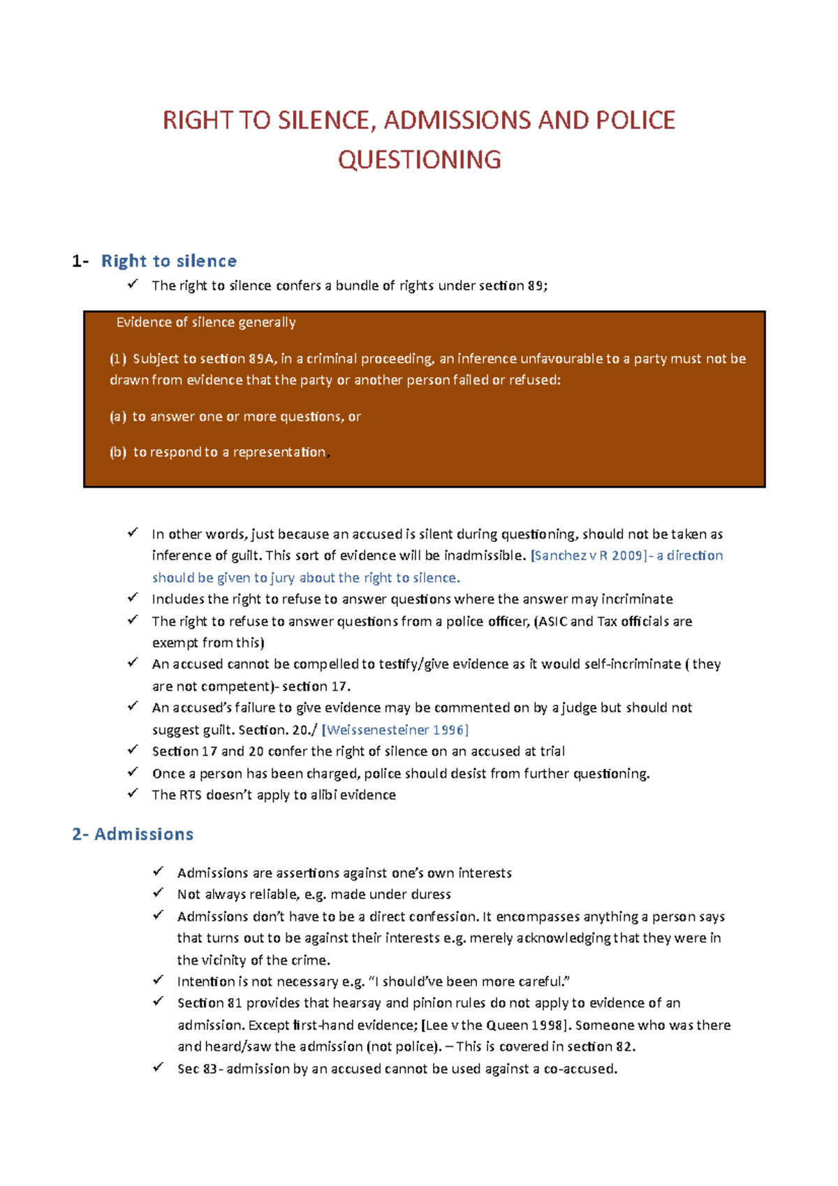 Right TO Silence - topic summary - RIGHT TO SILENCE, ADMISSIONS AND ...