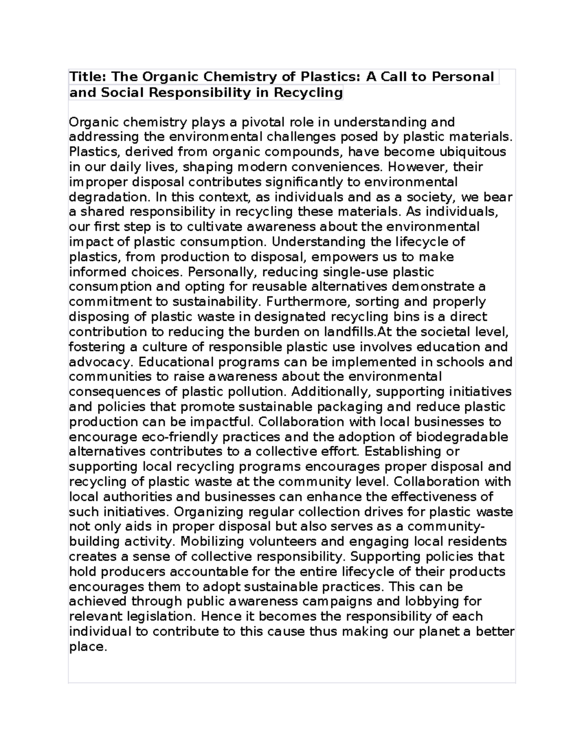 GC E Organic - Summary Microbiology Project 1 - Title: The Organic ...
