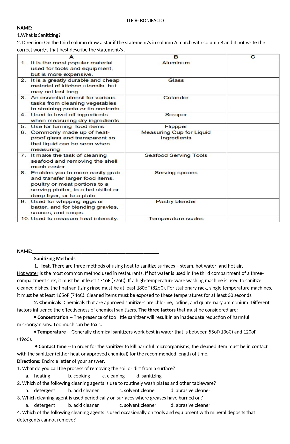 Cookery- Exploratory - handouts - TLE 8- BONIFACIO NAME