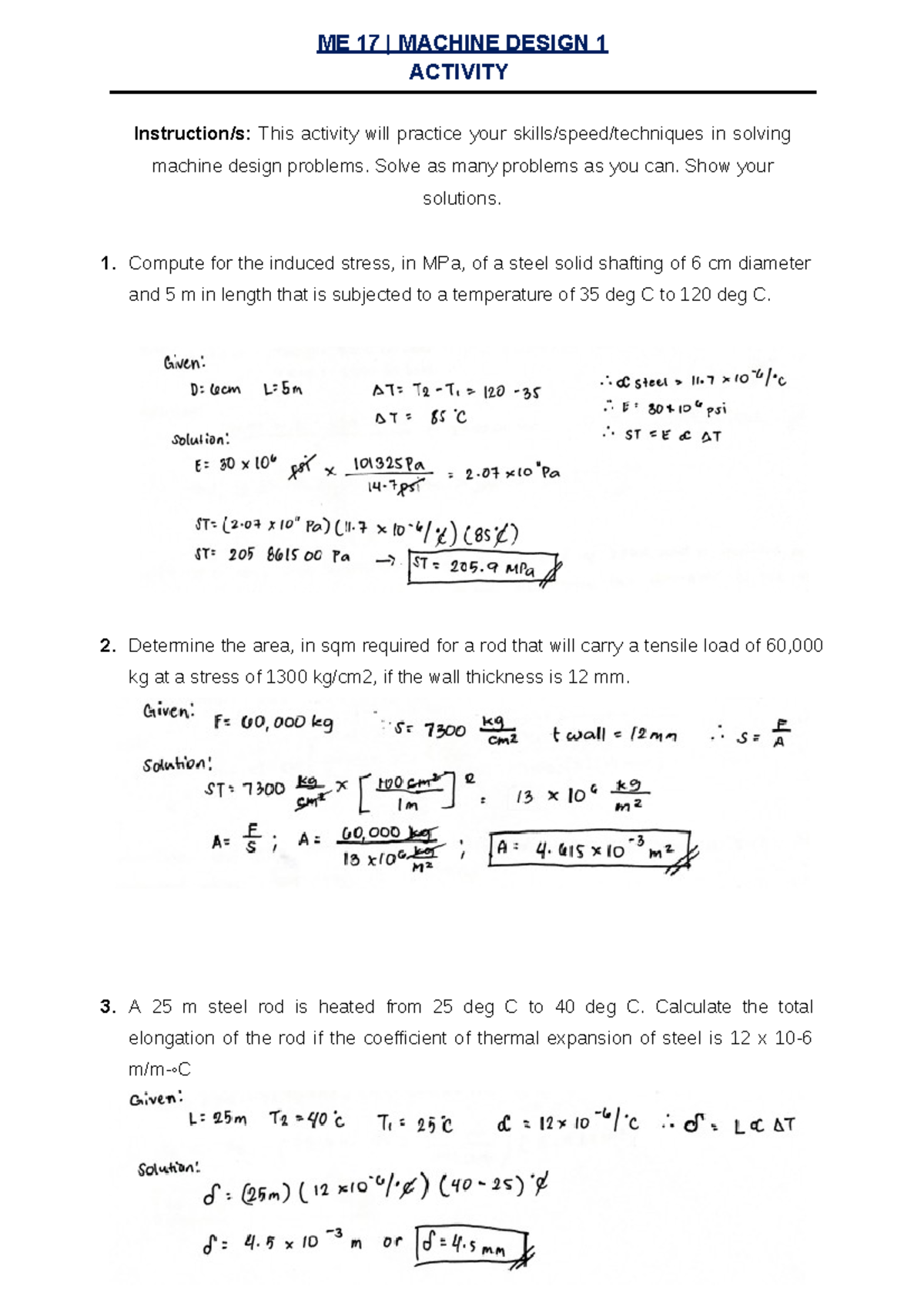 Assign 43 - Machine Design 1 Problem Solving (1-10) - ME 17 | MACHINE ...