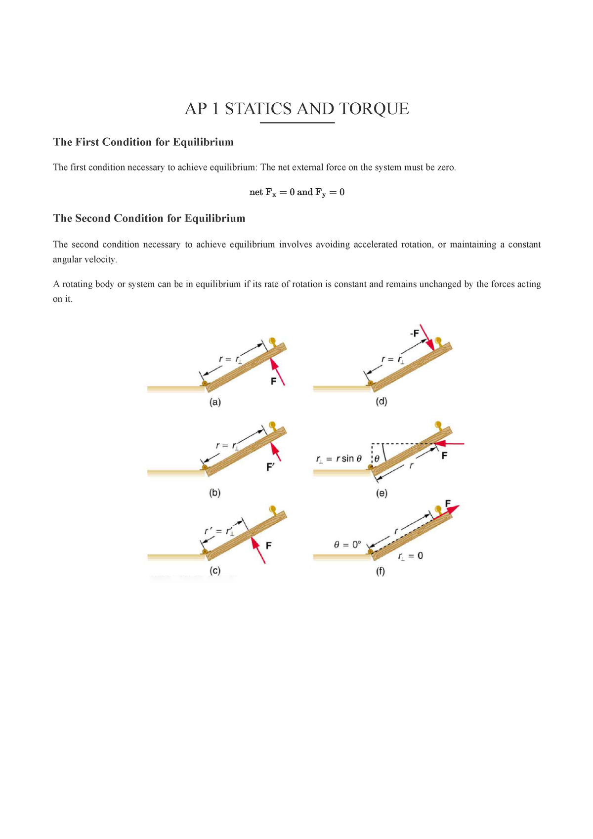 AP 1 Statics AND Torque - AP 1 STATICS AND TORQUE The First Condition ...