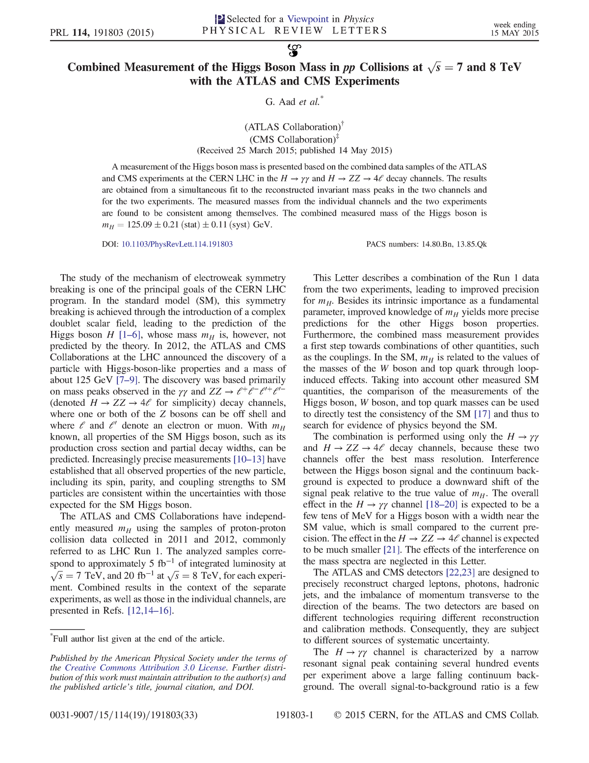 Phys Rev Lett - Combined Measurement Of The Higgs Boson Mass In Pp ...