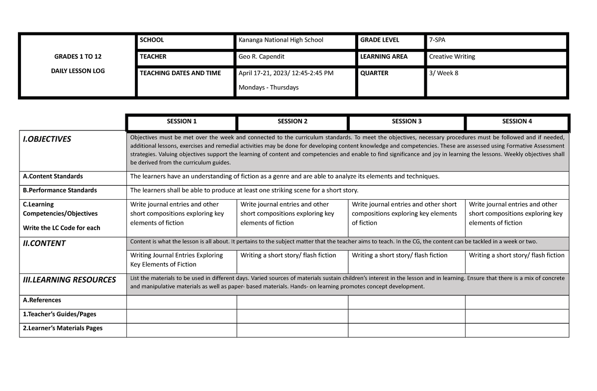 CW Q1 W9 - wewe - GRADES 1 TO 12 DAILY LESSON LOG SCHOOL Kananga ...