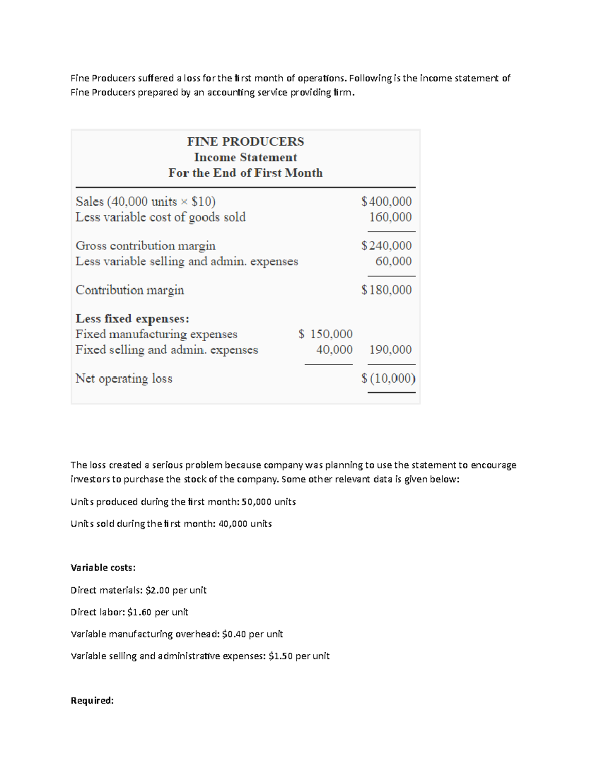 Group 1 - Variable and absorption costing - Fine Producers suffered a ...